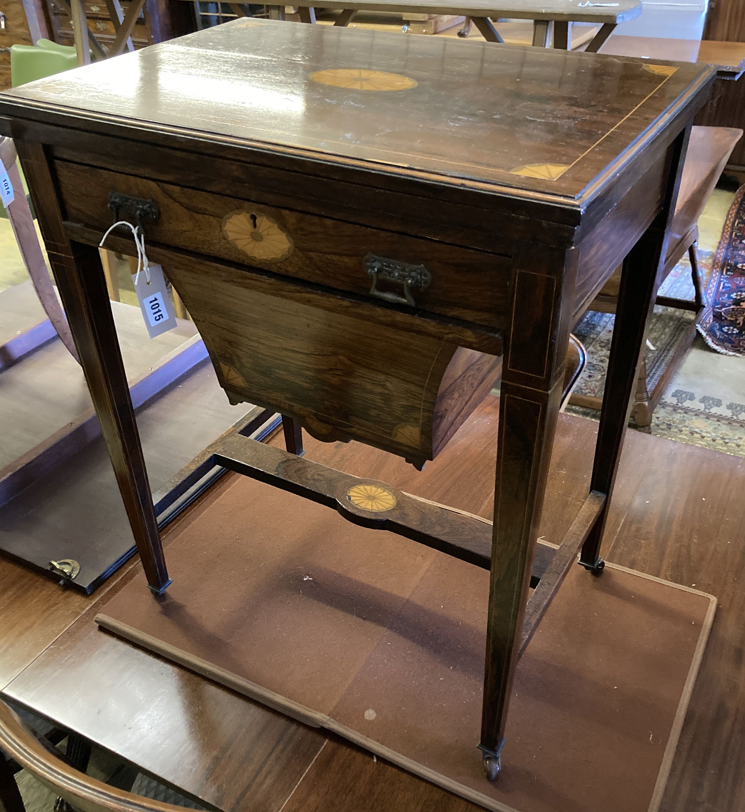 A late Victorian inlaid rosewood games table, width 55cm, depth 40cm, height 71cm